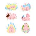 Adorable Sleeping Babies and Newborns Among Blooming Flowers Vector Set