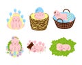 Adorable Sleeping Babies and Newborns Among Blooming Flowers and Wicker Basket Vector Set