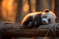 Adorable sleeping baby panda, lying on a big tree