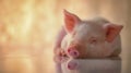 Adorable sleeping piglet with soft pink ears resting peacefully on a reflective surface against a warm blurred background in a Royalty Free Stock Photo