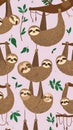 Adorable Sloth Family Hanging from Branches in a Whimsical Forest Pattern Royalty Free Stock Photo