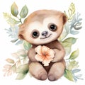 adorable sloth with floral accents watercolor illustration on white