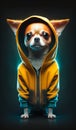 Adorable small chihuhua with clothing. Cute dog in colorful hoodie. Generative AI