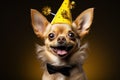 adorable small dog happy chihuahua smiling in a yellow festive hat on a dark background. Birthday party of celebration concept Royalty Free Stock Photo