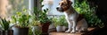 Adorable small dog standing on hind legs, gazing out of window, patiently waiting for owner indoors