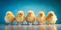 Adorable small Easter chicks line up in a row on a bright blue studio background with ample copy space, surrounded by soft natural Royalty Free Stock Photo