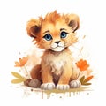 Adorable small lion with big eyes resting on a pile of green leaves, AI-generated.