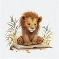 Adorable small lion enjoying a tale - cartoon illustration with white background. Safari inspired nursery art. Concept of