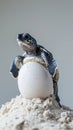 Adorable small turtle perched on a large white egg in sandy beach scenery with soft yellow backdrop Royalty Free Stock Photo
