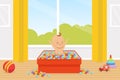 Adorable Smiling Baby Playing in Pool with Colorful Balls in Nursery Room Vector Illustration Royalty Free Stock Photo