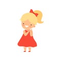 Adorable Smiling Blonde Little Girl in Red Dress Cartoon Vector Illustration