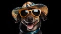 An adorable smiling brown dog wears hat with sunglasses on top and dress for summer season on black background Royalty Free Stock Photo