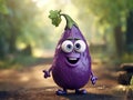 Adorable smiling eggplant cartoon character on blurred background