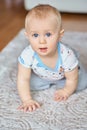 Adorable smiling little boy with big blue eyes is looking at the camera, crawling on all fours. Royalty Free Stock Photo