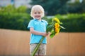 Little boy with bunch of sunflowers outdoors Royalty Free Stock Photo