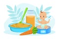 Adorable Smiling Little Boy with Food, Toddler Baby Eating Baby Meals Vector Illustration