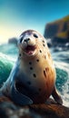 Adorable smiling seal sitting on the rock. Cute sea animal in natural habitat. Generative AI
