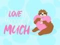 Adorable smiling sloth huging pink heart pillow vector hand drawn illustration in cartoons style with quote i love you slooow much Royalty Free Stock Photo