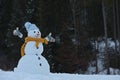 Adorable smiling snowman outdoors on winter day. Royalty Free Stock Photo