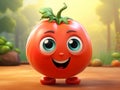 Adorable smiling tomato cartoon character on blurred yellow background