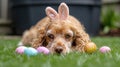 Adorable Spaniel dog in bunny ears and colorful easter eggs on green grass Royalty Free Stock Photo