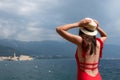 Adorable sporty girl in a bikini on the summer beach. Royalty Free Stock Photo