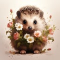 Adorable Spring Hedgehog with Minimalist Flowers on White Background AI Generated