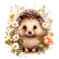 Adorable Spring Hedgehog with Minimalist Flowers on White Background AI Generated