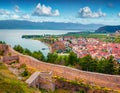 Adorable spring view of Ohrid town from the wall of Samuel`s Fortress.