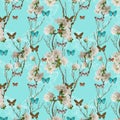 Adorable springtime seamless pattern with apple blossom and butterflies