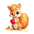 adorable squirrel cartoon with apple in hand on white background, AI Generative. Royalty Free Stock Photo