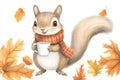 An adorable squirrel drinking coffee. Watercolor illustration. Royalty Free Stock Photo