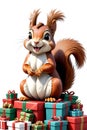 An adorable squirrel perched on a pile of christmas gifts, its bushy tail twitching with curiosity, cartoon, white background