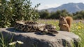 A Curious Squirrel Watches a Ball Python on a Sunny Meadow Stone Royalty Free Stock Photo