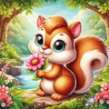 An adorable squirrel in a stunning jungle, holding wildflower with cute face, forest, animal design, nature