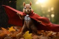 Adorable Squirrel Superhero With Red Cape Posing In Autumn Leaves. Generative AI