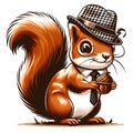 An adorable squirrel wearing hat and suit, holding a nut on hands, white background, animal, cute