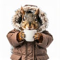 Adorable Squirrel Wearing Winter Coat and Holding a Cup on White Background Royalty Free Stock Photo