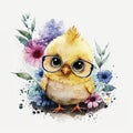 Big eyes Cute glasses chicken with flower watercolor - Generative AI