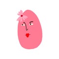 Adorable strange pink egg with face. Cute quirky comic Easter egg