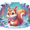 An adorable and stylish squirrel in a magical forest, surrounded by the melting snow, plants, cute face, cartoon character, animal