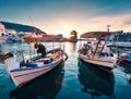 Adorable summer sunrise on Gulf of Corinth, Greece, Europe. Amazing morning scene of popular touristic destination - Nafpaktos por