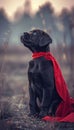 Adorable superhero puppy flying, gazing into distance on pastel background with copy space