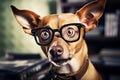 Adorable surprised dog with glasses looking in bewilderment - copy space for text