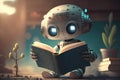 An adorable, surprised robot child reading a book. AI