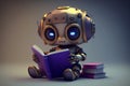 An adorable, surprised robot child reading a book. AI