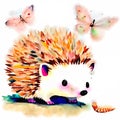 adorable sweet cute hedgehog with an earthworm and butterflies in watercolor