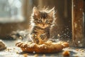 Adorable Tabby Kitten Playing with Scattered Food in Warm Sunlit Room, Whiskers and Fur in Soft Focus