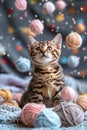 Adorable Tabby Kitten Surrounded by Colorful Yarn Balls on a Cozy Knitted Blanket with Bokeh Background Royalty Free Stock Photo