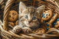 Adorable Tabby Kitten with Wide Eyed Wonderment Surrounded by Cookies in a Basket Cute Pet Portrait